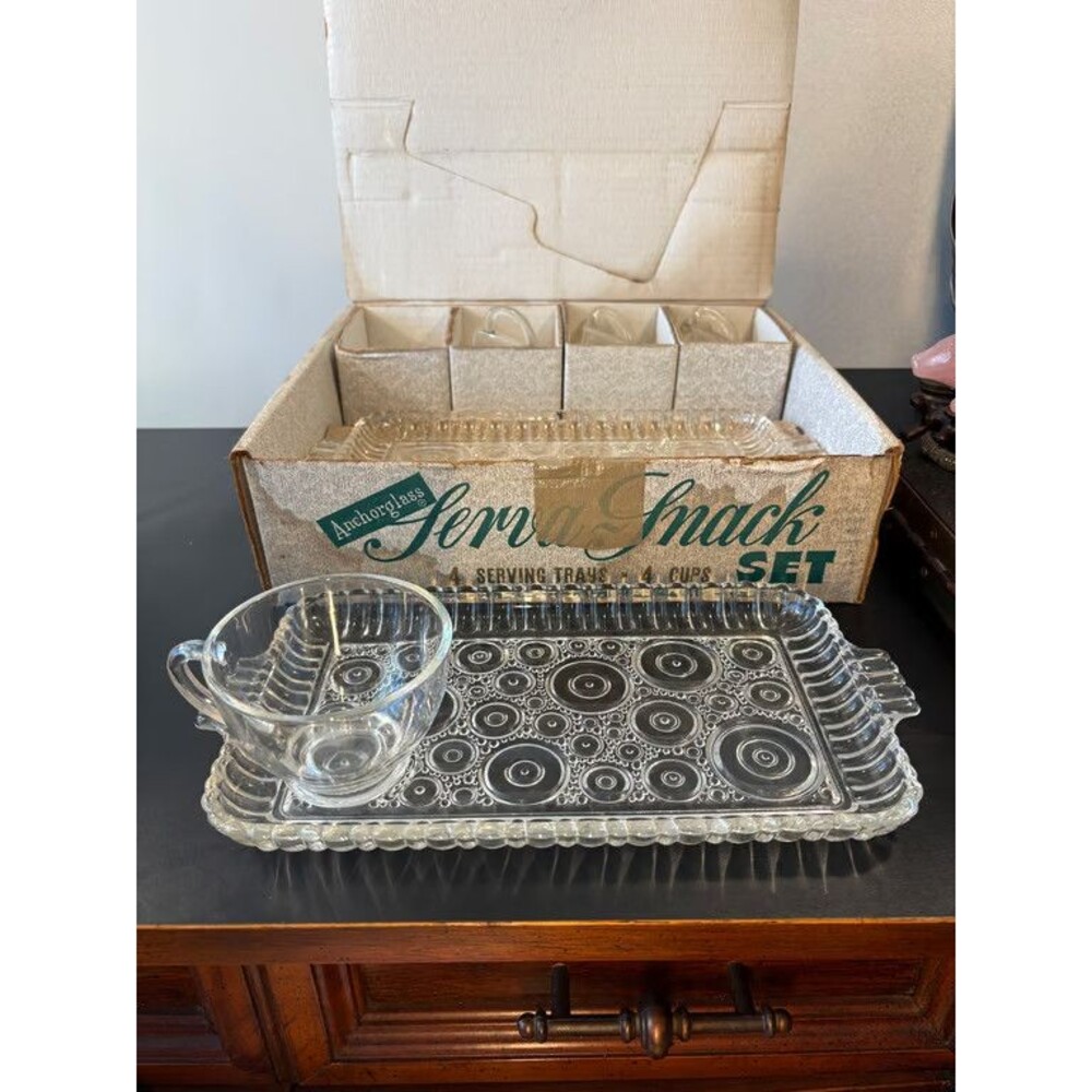 Anchor Hocking Serv-A-Snack Set Boxed Glass Trays Cups Bullseye Pattern Vintage